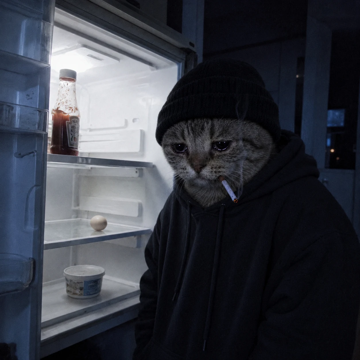 Doomer Cat standing in front of an open fridge at night