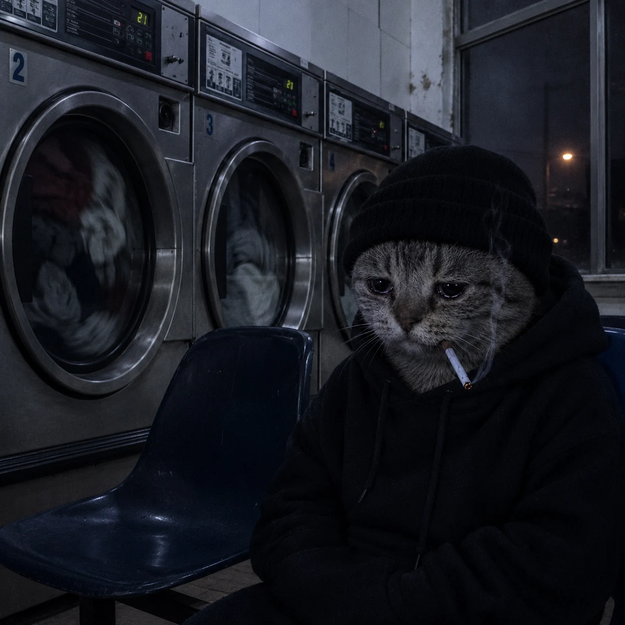 Doomer Cat sitting in an empty laundromat