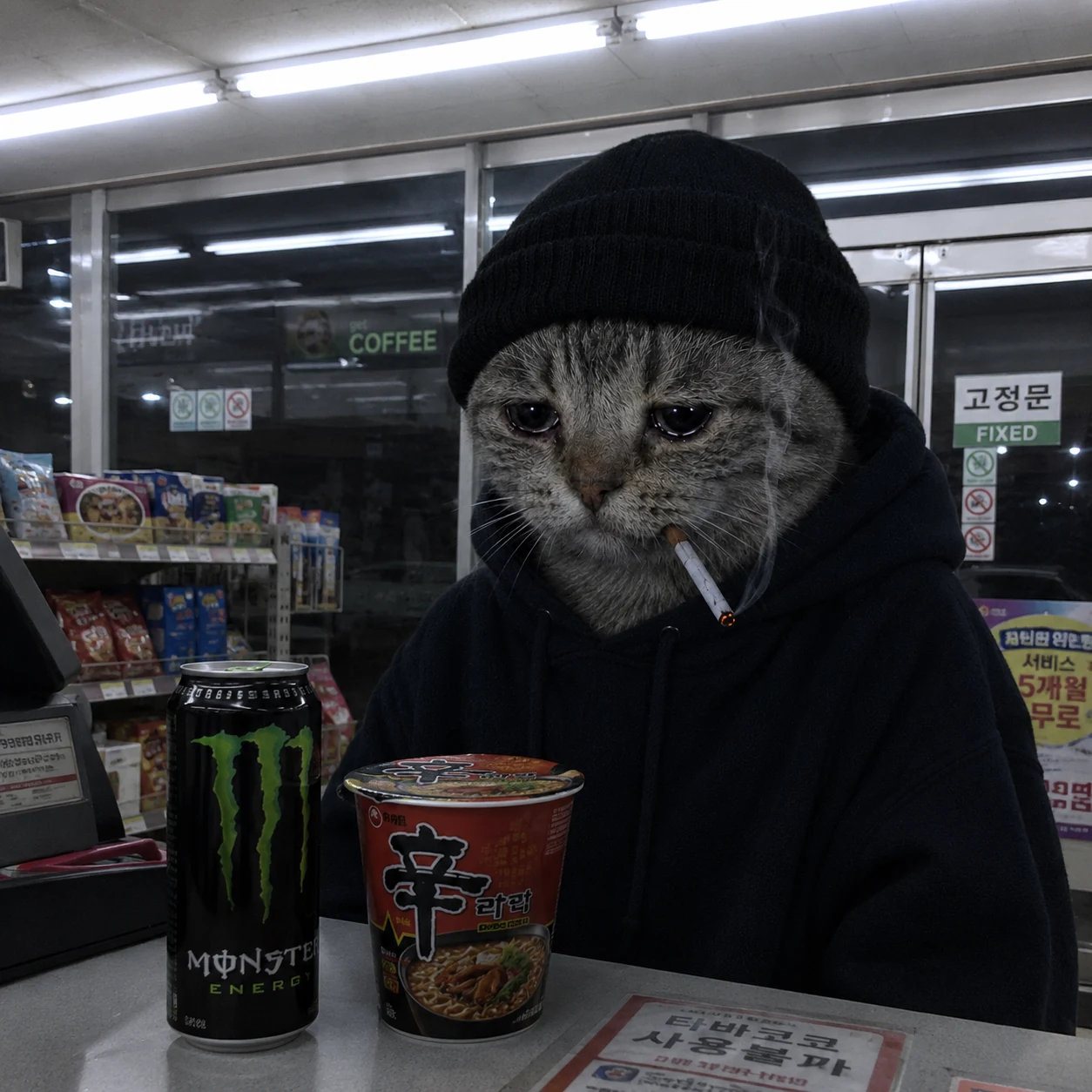 Doomer Cat at the counter of a 24 hour convenience store